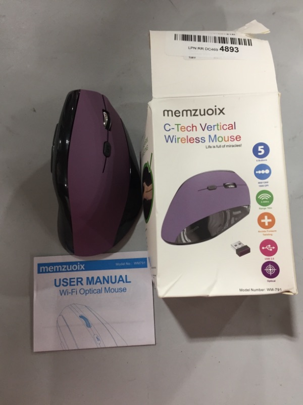 Photo 2 of Memzuoix Ergonomic Mouse Wireless, 2.4G Optical Cordless Mice with 800 / 1200 /1600 DPI, Vertical Computer Wireless Mouse for Laptop, Mac, PC, Desktop (for Right Hand, Large), Purple
