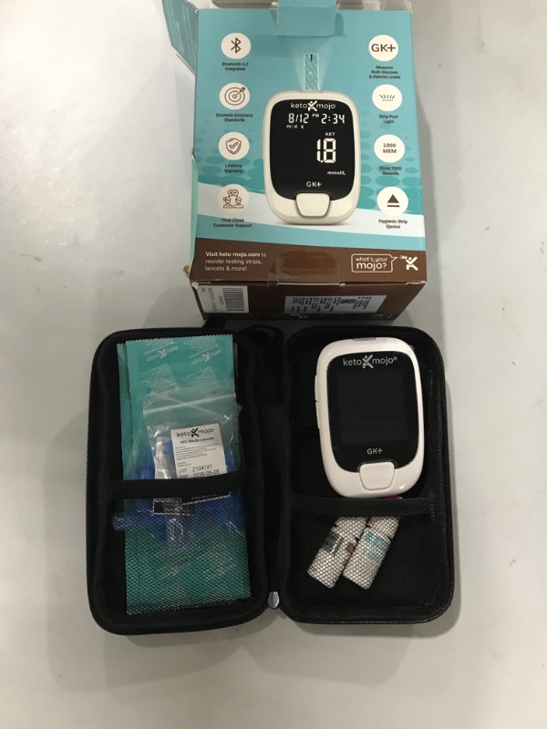 Photo 2 of KETO-MOJO GK+ Bluetooth Glucose & Ketone Testing Kit + Free APP for Ketosis & Diabetes Management. 20 Blood Test Strips (10 Each), Meter, 20 Lancets, Lancing Device, and Control Solutions
