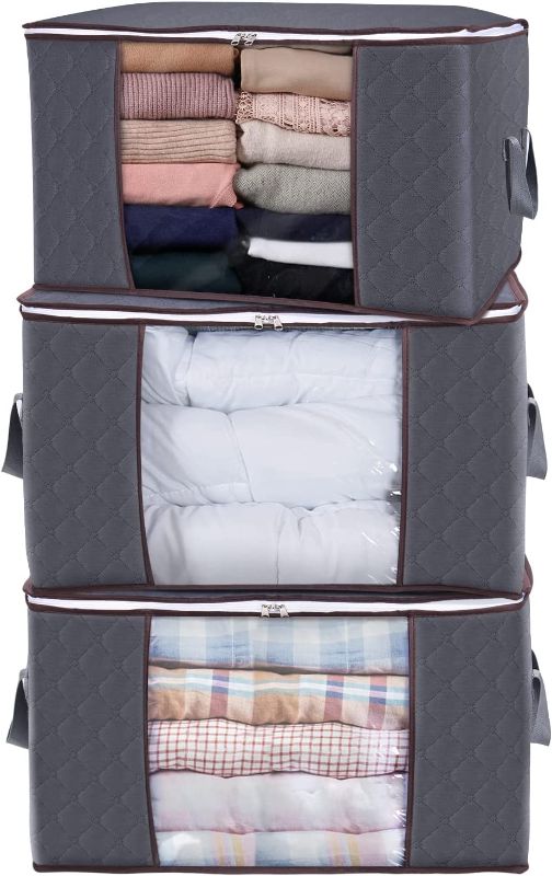 Photo 1 of AIRGUGU Large Capacity Clothes Storage Bag?Foldable Clothing Storage Organizer with Sturdy Zipper, Thick Fabric Handle and Clear Visual Window for Bedroom, Comforters, Blankets, Pillows, 3 Pack, 90L, Grey