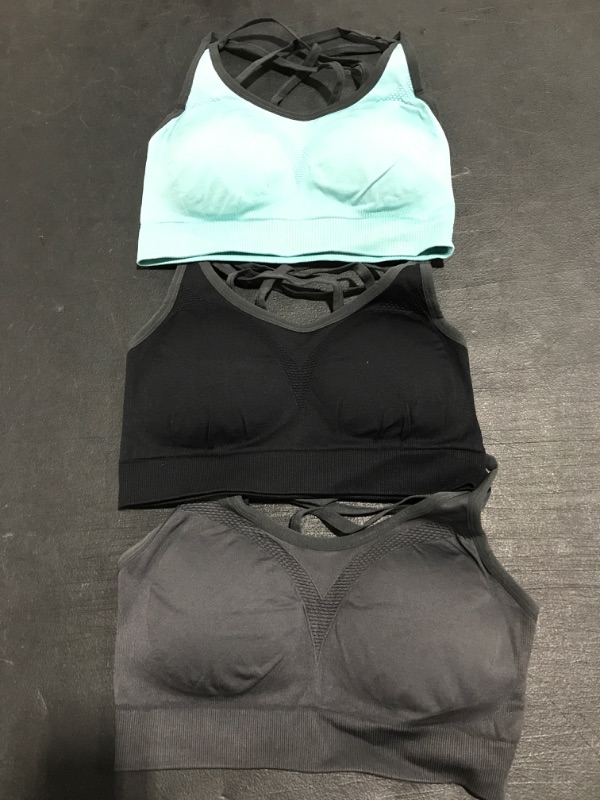 Photo 1 of 3-PACK WOMEN'S SPORTS BRAS. UNMARKED SIZE, APPROX. SMALL.