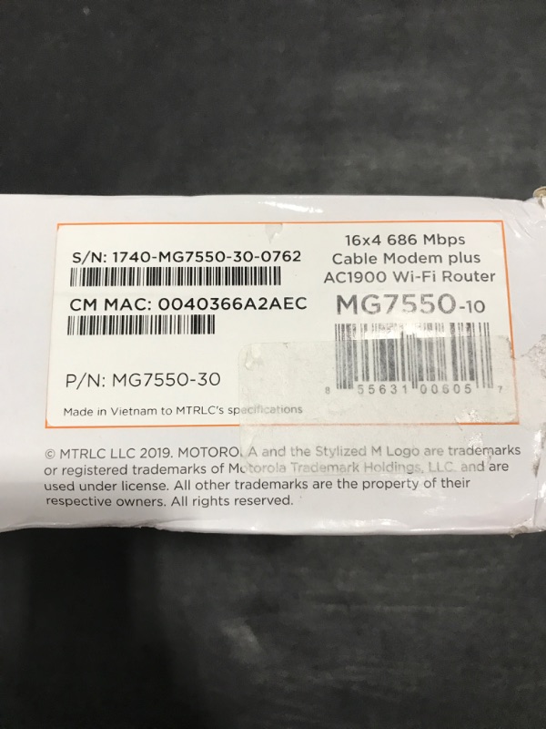 Photo 5 of Motorola MG7550 (16x4) Cable Modem + AC1900 Wi-Fi Router Combo DOCSIS 3.0 Certified for XFINITY by Comcast Time Warner Spectrum Cox & More. OPEN BOX. 
