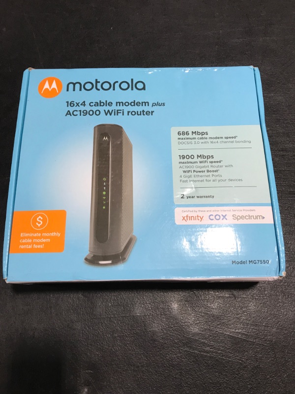 Photo 1 of Motorola MG7550 (16x4) Cable Modem + AC1900 Wi-Fi Router Combo DOCSIS 3.0 Certified for XFINITY by Comcast Time Warner Spectrum Cox & More. OPEN BOX. 
