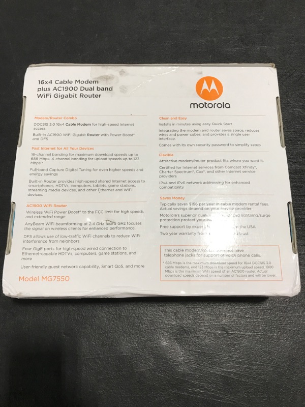 Photo 4 of Motorola MG7550 (16x4) Cable Modem + AC1900 Wi-Fi Router Combo DOCSIS 3.0 Certified for XFINITY by Comcast Time Warner Spectrum Cox & More. OPEN BOX. 
