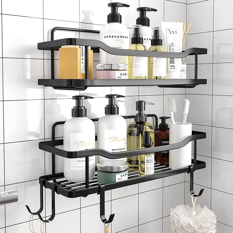 Photo 1 of 2-Pack Adhesive Shower Caddy, Shower Shelf, No Drilling Rustproof Stainless Steel OMAIRA Shower Organizer for Inside Shower & Kitchen Storage (Matte Black)

