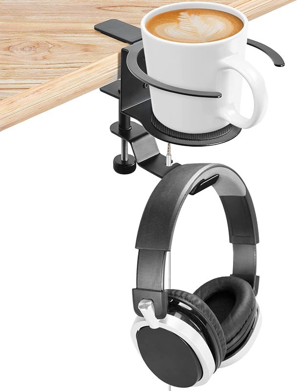 Photo 1 of Desk Cup Holder & Headphone Stand, 2-in-1 Adjustable & 360° Rotating Office Accessories for Under Desk 