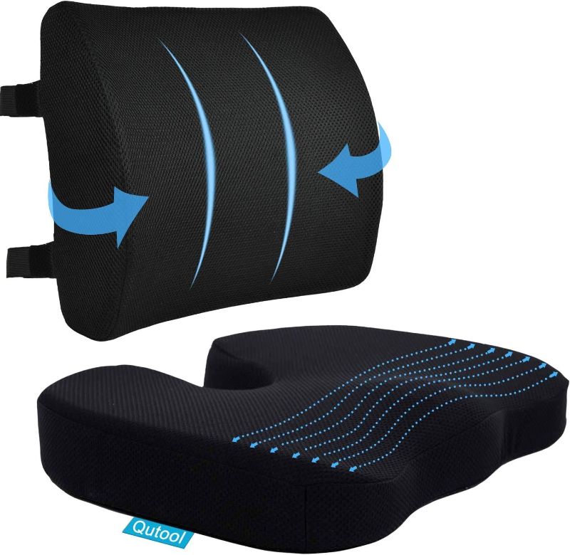 Photo 1 of Seat Cushion & Lumbar Support Pillow for Office Chair, Car, Wheelchair Memory Foam Desk Chair Cushion for Sciatica, Lower Back & Tailbone Pain Relief Desk Pad with Adjustable Strap 3D Washable Cover