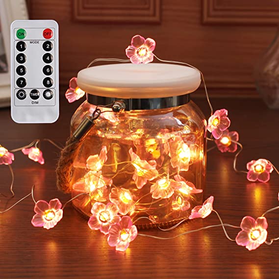 Photo 1 of 2 PACK yucanucax Christmas Decorative Glass Light with LED String Light Lantern, 20 LED Blossom Fairy Lights, 8 Modes Waterproof Outdoor/Indoor Twinkle Lights for Patio, Garden(Peach Blossom)
