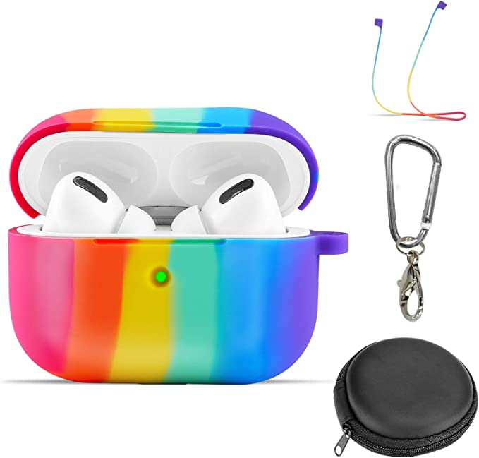 Photo 1 of V-liams Airpods Pro Case, Rainbow Silicone Soft Protective Case with Keychain, Earphone Storage Case, Rainbow Silicone Earphone Anti-Lost Lanyard Compatible Airpods Pro(2019) (Front LED Visible)
