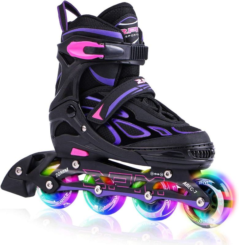 Photo 1 of 2PM SPORTS Vinal Girls Adjustable Flashing Inline Skates, All Wheels Light Up, Fun Illuminating Skates for Kids and Men- Azure Small (4Y-7Y US)
