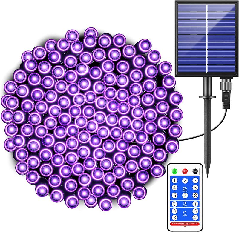 Photo 1 of KAZOKU Outdoor Halloween String Lights 66 Feet 200 LED Waterproof Solar Powered String Lights with Remote for Indoor Outdoor Purple Halloween Decorations Lights with 8 Lighting Modes