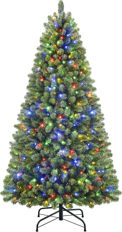 Photo 1 of 6ft Prelit Premium Artificial Hinged Christmas Tree with 330 Warm White & Multi-Color Lights, 1018 Branch Tips and Foldable Metal Stand, Perfect Choice for Xmas Decoration, 6 FT