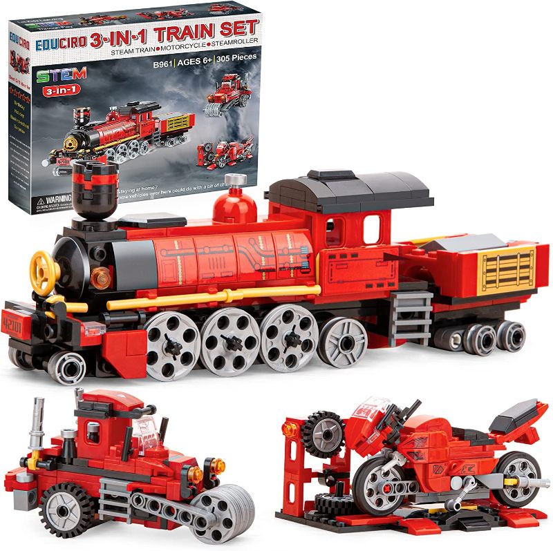 Photo 1 of Educiro Train Sets for Boys Age 6-10, 3 in 1 City Building Kit Motorcycle Tractor Creative Educational Birthday Gift, Stem Projects Toys for Kids 6 7 8 9 10 Year Old, 305 Pieces