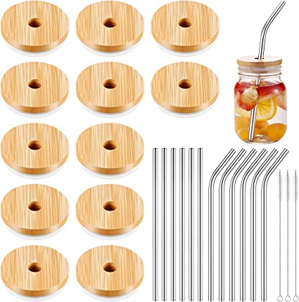 Photo 1 of 12 Pack Bamboo Mason Jar Lids with Straw Hole, Bamboo Lids for Beer Can Glass, 12 Reusable Stainless Steel Straw, 3 Straw Brushes and 1 Velvet Bag for Drinking (Regular Mouth)