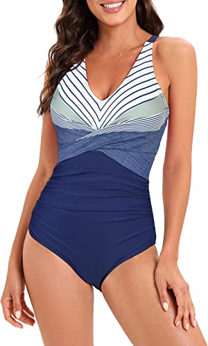 Photo 1 of American Trends Womens One Piece Bathing Suits Color Block Print Criss Cross Back Swimsuits Athletic Modest Swimwear - Sm 