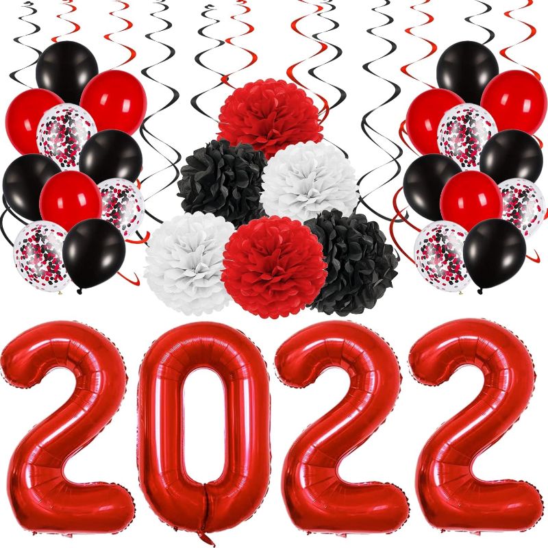 Photo 1 of Adurself 2022 Graduation Party Decoration Kit, 40 inch Red 2022 Foil Balloons Red Black White Hanging Swirls Tissue Paper Pompoms and Latex Balloons for Congrats High School College Graduation Party 