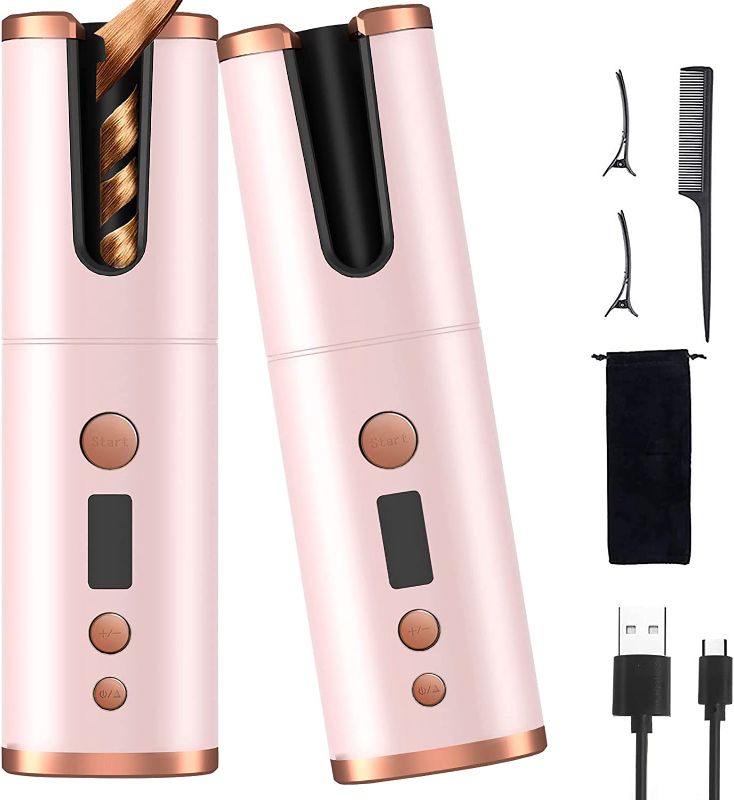 Photo 2 of Automatic Curling Iron?Cordless Auto Hair Curle r, Wireless USB Rechargeable Curling Iron Wand, Portable Rotating Curling Wave Wand Styling Tool, Auto Shut Off ?Fast Heating for Hair Styling(Pink)