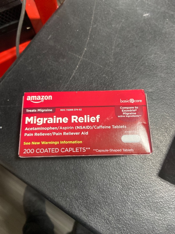 Photo 3 of Amazon Basic Care Migraine Relief, Acetaminophen, Aspirin (NSAID) and Caffeine Tablets, Migraine Headache Relief, Pain Reliever/Pain Reliever Aid, 
200 Count SINGLE
BB 04/2023