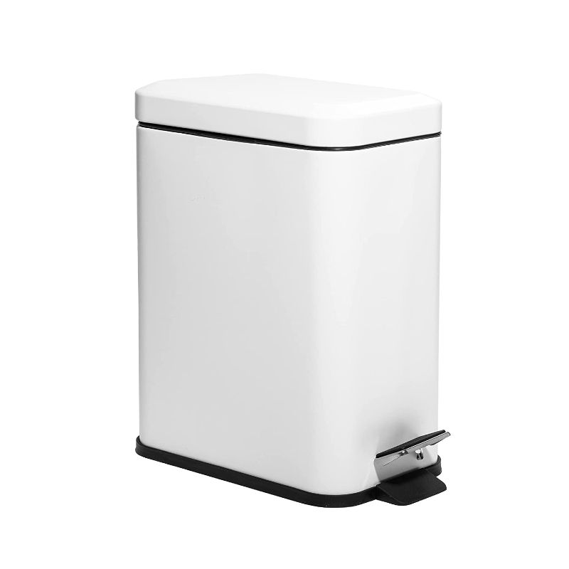 Photo 1 of | Rectangular Step Trash Can | 1.3 Gallon/5 Liter Stainless Steel Trash Can with Lid | Home or Office Bathroom Trash Cans with Lids | Kitchen Garbage Can with Non-Slip Stepper | Matte White
