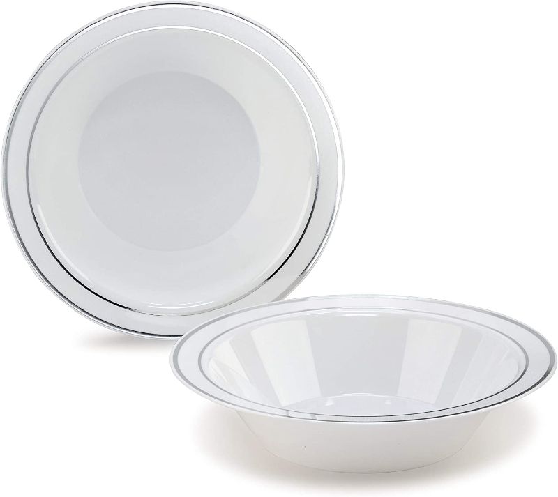 Photo 1 of " OCCASIONS " 40 Piece Plates Pack, Heavyweight Disposable Wedding Party Plastic Bowls (14 oz Soup Bowl, White & Silver Rim)