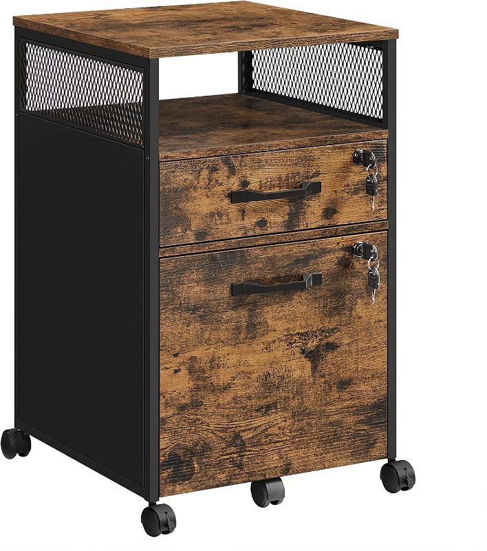 Photo 1 of VASAGLE File Cabinet with Lock, Filing Cabinet with 2 Storage Drawers, for Hanging File Folders, Open Shelf, Home Office, Steel Frame, Industrial, Rustic Brown and Black UOFC077B01
