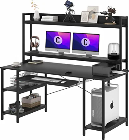 Photo 1 of Limited-time deal: Computer Desk with with Hutch, 55 INCH Desk with Keyboard Tray Bookshelf, Large Dual Monitor Gaming Desk Metal Home Office Desk with Storage Shelves Study Writing Workstation, Easy to Assemble, Black