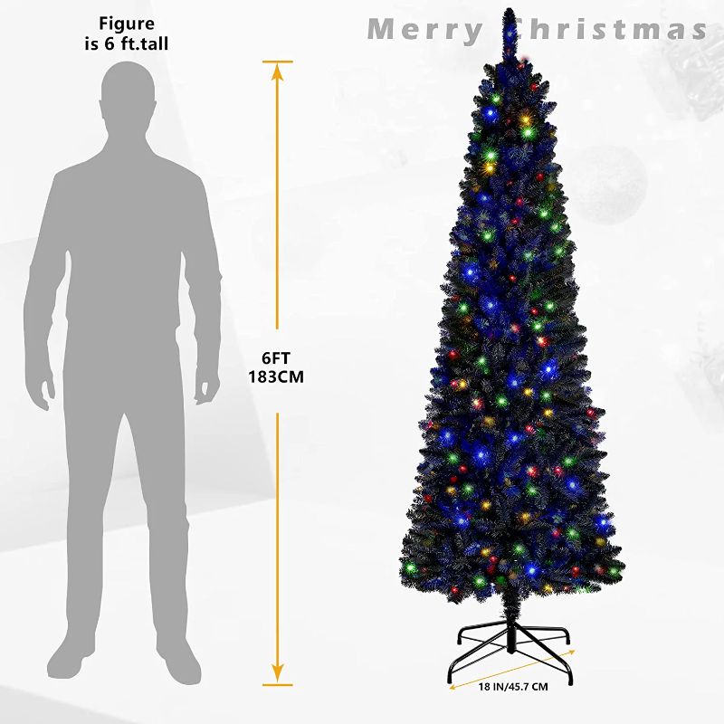 Photo 2 of Alupssuc 6ft Prelit Black Pencil Christmas Tree, with Warm White & Multi-Color Lights Hinged Artificial Alpine Slim Holiday Decoration for Halloween, Xmas Home, Office, Party, Indoor Outdoor 