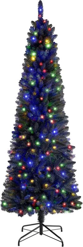 Photo 1 of Alupssuc 6ft Prelit Black Pencil Christmas Tree, with Warm White & Multi-Color Lights Hinged Artificial Alpine Slim Holiday Decoration for Halloween, Xmas Home, Office, Party, Indoor Outdoor 