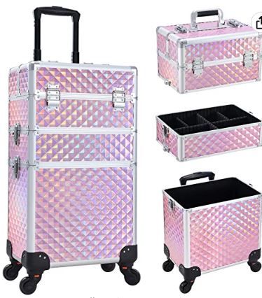 Photo 1 of 3 in 1 Rolling Makeup Case Cosmetic Train Case Cosmetology Case on Wheels with Lockable Make Up Box Suitcase Salon Barber Traveling Cart Trunk for Cosmetologist, Hairstylist, Nail Technician Pink
