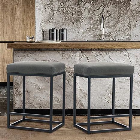 Photo 1 of ALPHA HOME 24" Bar Stool Counter Height Bar Stools with Footrest Pu Leather Backless Kitchen Dining Cafe Chair with Thick Cushion & Sturdy Chromed Metal Steel Frame Base for Indoor Outdoor,Grey,2PC