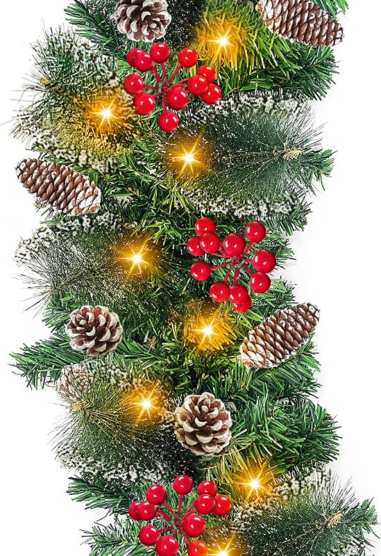 Photo 1 of 9 Ft 100 Lights Prelit Artificial Christmas Garland Decor Timer 8 Modes 198 Red Berry Thick 300 Snowy Bristle Pine 18 Pine Cones Battery Operated Xmas Christmas Decoration Mantle Fireplace Home Indoor