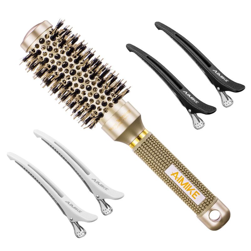 Photo 1 of AIMIKE Round Brush, Nano Thermal Ceramic & Ionic Tech Hair Brush, Small Round Barrel Brush with Boar Bristles for Blow Drying, Styling, Curling and Shine (2.4 inch, Barrel 1.3 inch) + 4 Free Clips