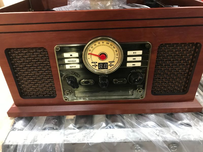 Photo 4 of Victrola Nostalgic 6-in-1 Bluetooth Record Player & Multimedia Center with Built-in Speakers - 3-Speed Turntable, CD & Cassette Player, FM Radio | Wireless Music Streaming | Mahogany Mahogany Entertainment Center