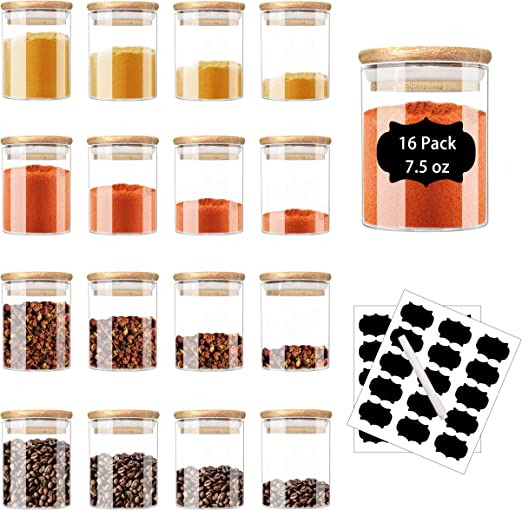 Photo 1 of 16 Pack Glass Jars with Bamboo Lids, 7.5 oz Airtight Spice Jars Set with Extra Labels and Pen, for Dry Food Canisters, Spice, Coffee, Beans, Candy, Nuts, Herbs