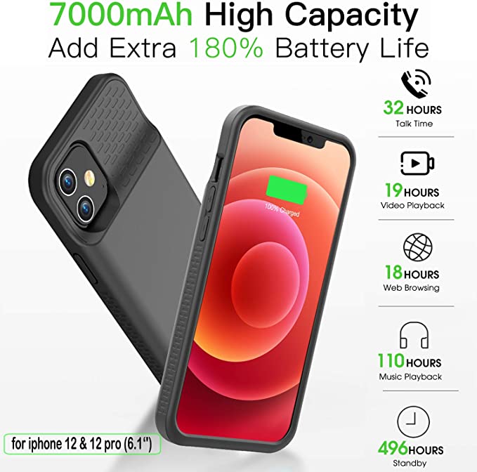 Photo 1 of GIN FOXI Battery Case for iPhone 12/12Pro, Real 7000mAh Ultra-Slim Battery Charging Case Rechargeable Anti-Fall Protection Extended Charger Cover for iPhone 12Pro/12 Battery Case(6.1 inch)