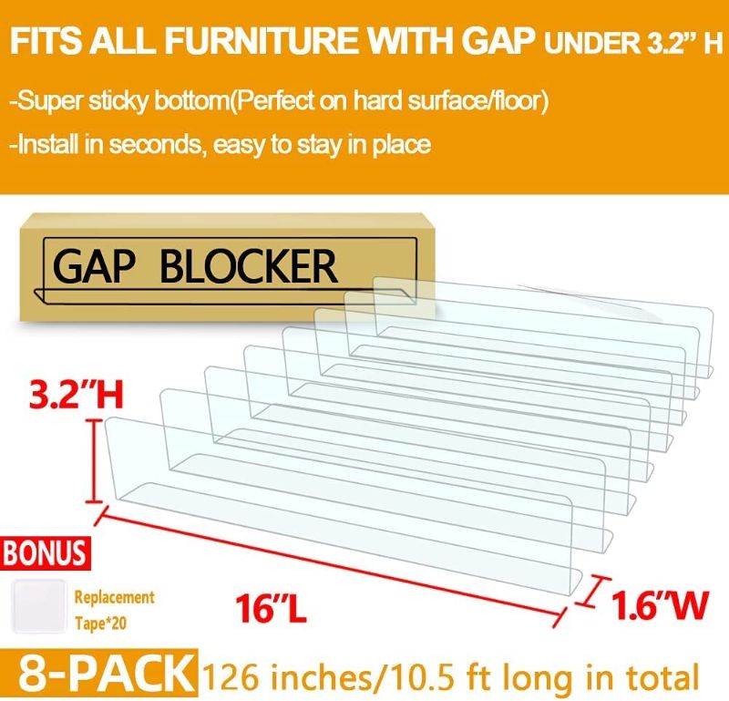 Photo 1 of  8-Pack Toy Blocker, Gap Bumper for Under Furniture, BPA Free Safe PVC with Strong Adhesive, Stop Things Going Under Sofa Couch or Bed, Easy to Install