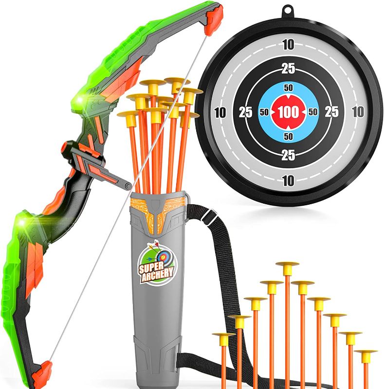 Photo 1 of Bow and Arrow for Kids, Kids Archery Set with Light-up LED Includes 10 Suction Cup Arrows, Target & Quiver, Indoor & Outdoor Kids Archery Boys Toys Gifts for 3 4 5 6 7 8-12 Years Old Boys Girls 