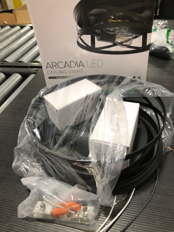 Photo 1 of ARCADIA INDUSTRIAL CEILING LIGHT WITH A19 FILAMENT BULBS, BLACK, 1600 LUMENS