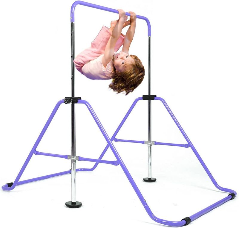 Photo 1 of DOBESTS Gymnastics Bar Kids Expandable Gymnastic Bars Equipment for Home Adjustable Height Folding Junior Training Kip Bar for 3-7 Years Old (Purple)
