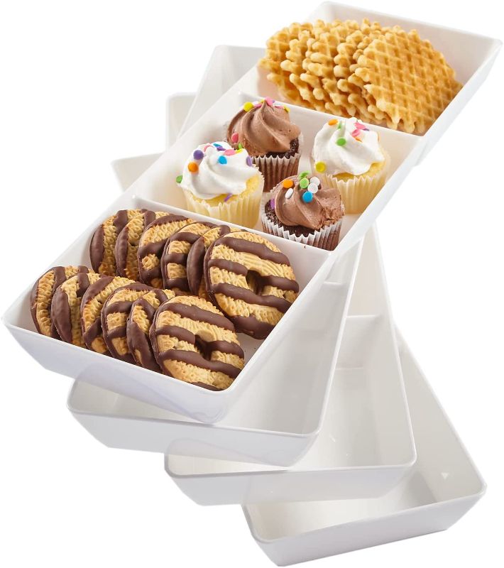 Photo 1 of Acrylic Avant 15" x 5" Plastic 3-Section Stackable Serving Tray in White | Set of 4 Appetizer, Charcuterie, Food, Snack, Dessert Platters | Reusable, BPA-Free, Made in The USA