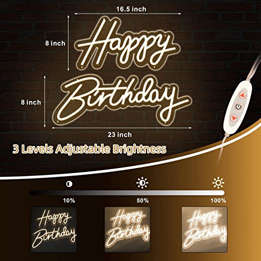 Photo 2 of ATOLS Happy Birthday Large Neon Sign for Wall Decor, with Dimmable Switch, Reusable Happy Birthday Neon Light Sign for All Birthday Party Decoration, Size-Happy 16.5x8inch, Birthday 23 X 8inch **HAPPY** HAS A FROSTED BACKGROUND**BIRTHDAY IS CLEAR**