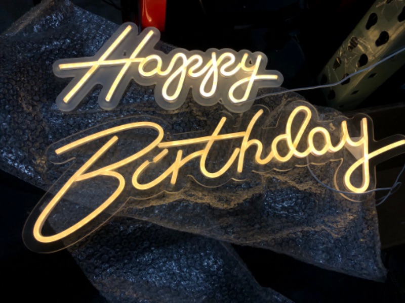 Photo 3 of ATOLS Happy Birthday Large Neon Sign for Wall Decor, with Dimmable Switch, Reusable Happy Birthday Neon Light Sign for All Birthday Party Decoration, Size-Happy 16.5x8inch, Birthday 23 X 8inch **HAPPY** HAS A FROSTED BACKGROUND**BIRTHDAY IS CLEAR**