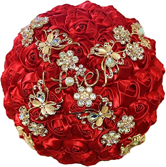 Photo 1 of 9.4 Inch Handmade Satin Rose Bridal Bouquet Toss Round Wedding Bouquet Throw Toss Artificial Flower Bunch Red
