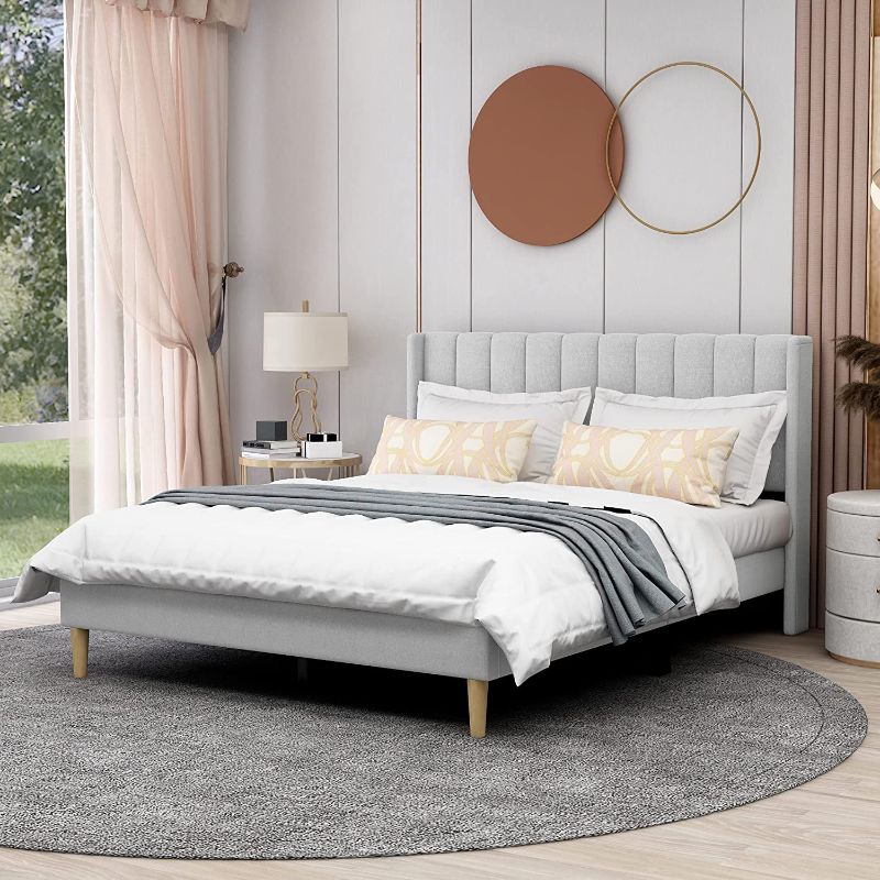 Photo 1 of AGARTT Upholstered Platform Bed Frame Queen Size with Headboard and Footboard/Wooden Slats Support/No Box Spring Needed/Easy Assembly,Cream Linen