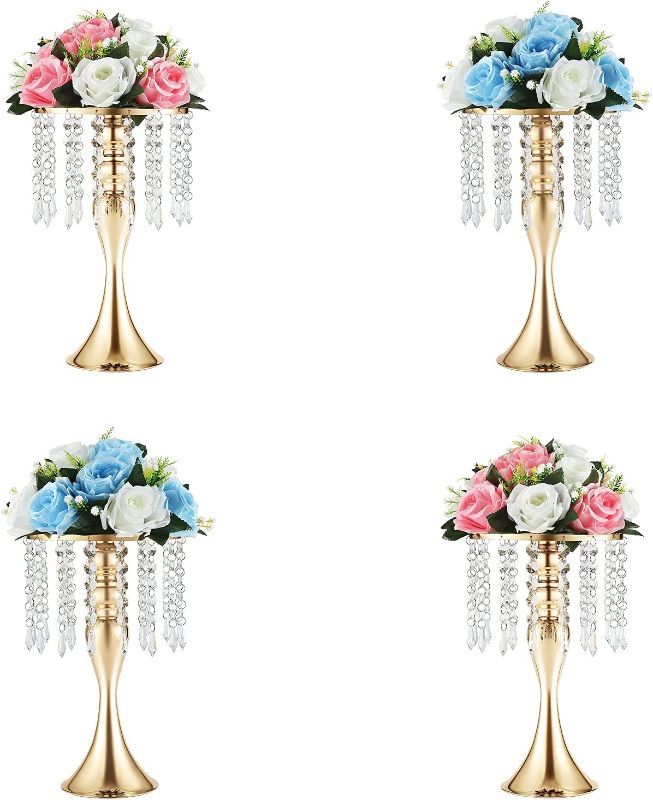 Photo 1 of 4 Pcs 13 inches Metal Wedding Flower Vase Stand Centerpiece Table Decoration Artificial Flower Arrangement Wedding Road Lead Party Reception Dinner Event Hotel Home Decor(Gold)
