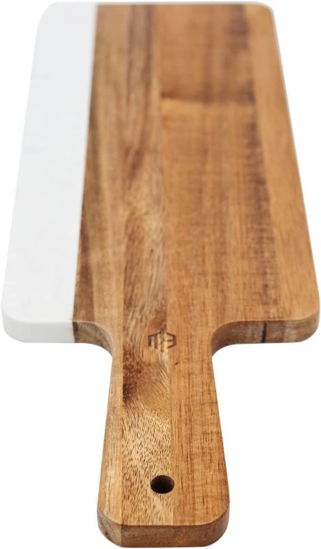 Photo 1 of Acacia Wood and Faux Marble Cheese Board with Handle, Charcuterie Platter for Wine, Cheese, Meat
