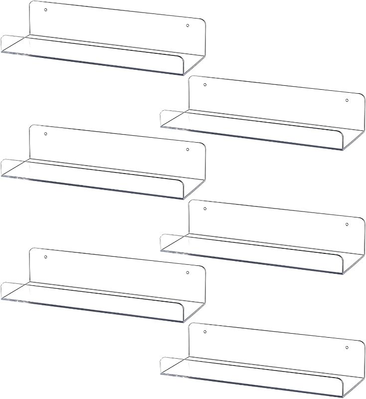 Photo 1 of 6 Pack Floating Shelves,15" Acrylic Shelves Floating Bookshelf,Funko Pop Display Shelf, Invisible Picture Ledge Wall Mounted Shelves,Clear Shelves by Sooyee
