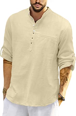 Photo 1 of 
JMIERR Men's Cotton Linen Henley Shirt Casual Hippie Long Sleeve Beach T Shirts 