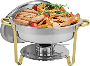 Photo 2 of 3 PACK! Restlrious Chafing Dish Buffet Set Round Stainless Steel 5QT Chafers and Buffet Warmers Sets for Catering, Complete Set with Water Pan, Food Pan, Fuel Holder and Lid in Gold Accents, 3 Pack