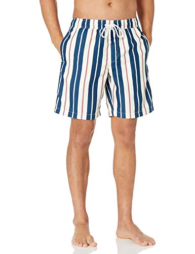 Photo 1 of Amazon Essentials Men's 9" Quick-Dry Swim Trunk, Teal Blue, Vertical Stripe, X-Large
