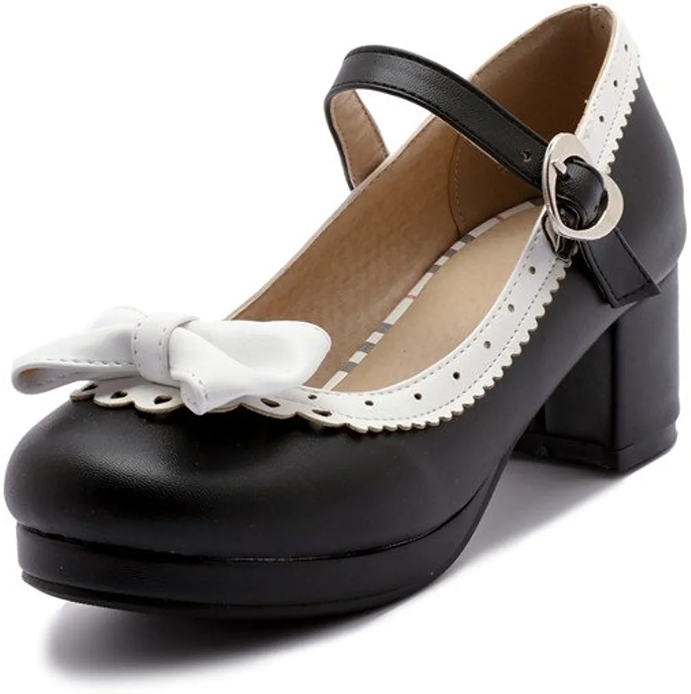 Photo 1 of ELFY Women's Cute Lolita Cosplay Shoes Bow Mid Chunky Heel Mary Jane Pumps---  37 uk